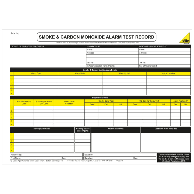 Personalised Smoke & Carbon Monoxide Alarm Test Record