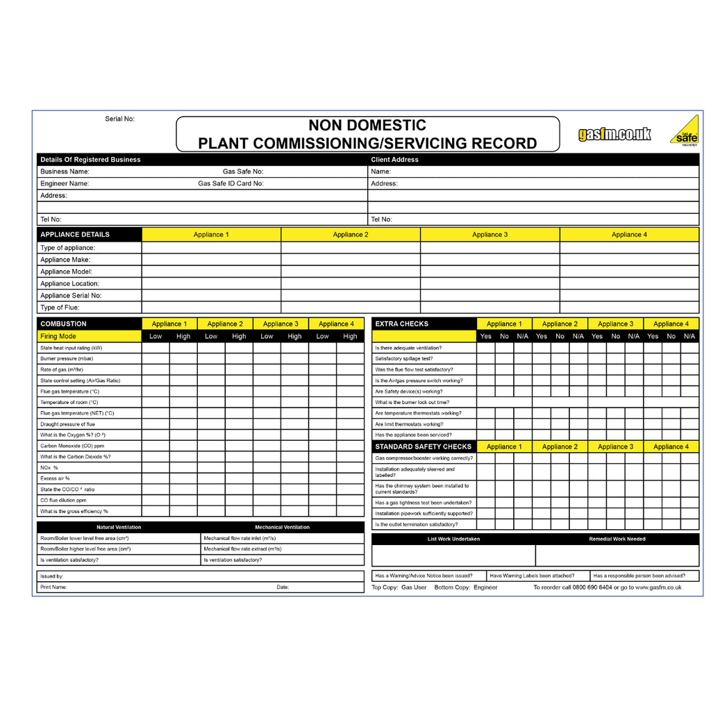 Non Domestic Plant Commissioning Servicing Record